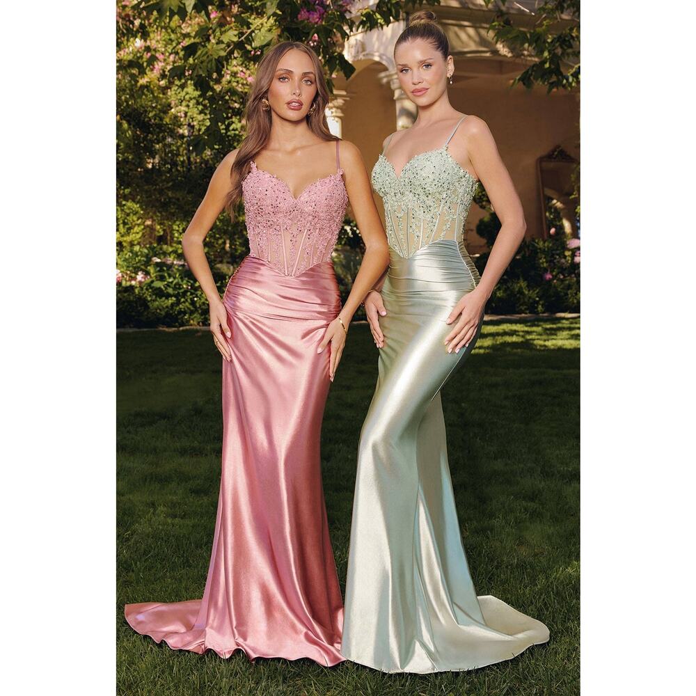 Amoris T819 Corset Mermaid Dress Women XXS Rose Pink Satin Gala Elegant NWT